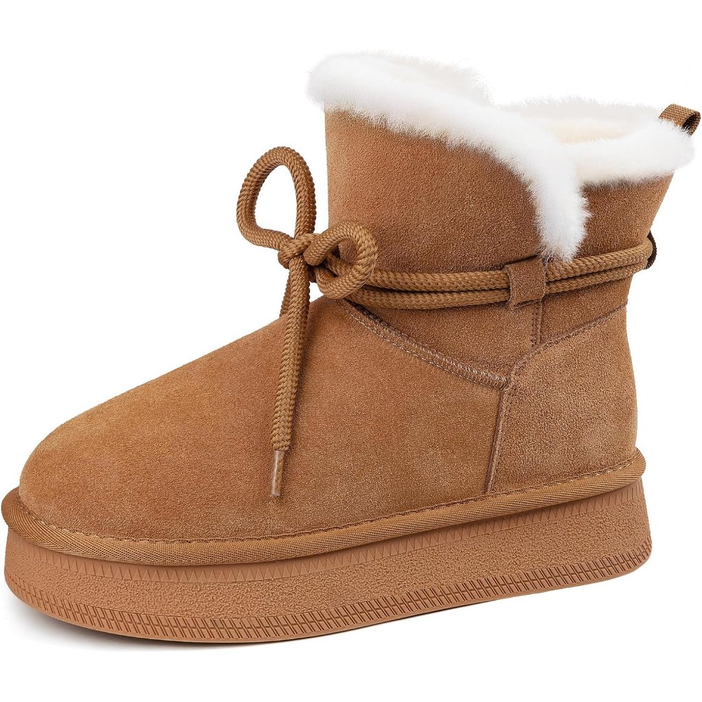 Womens Snow Boots Genuine Suede Faux Fur Lining Warm Lace Up Walking Boots Anti-